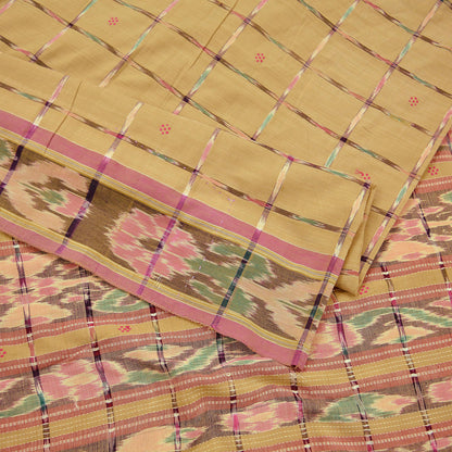Indian Vintage Sarees Beige Pure Cotton Hand woven Sambalpuri Ikat sari Craft Fabric 5Yd Ethnic Chackra Border Dress Making Quilting