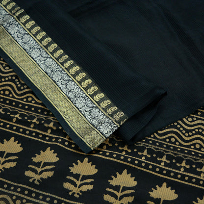 Indian Vintage Sari Black Pure chanderi Silk Block Printed Sarees Craft Fabric 5Yd Soft Zari Border Floral Dress making bollywood silk saree