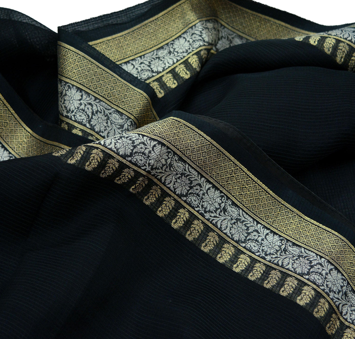 Indian Vintage Sari Black Pure chanderi Silk Block Printed Sarees Craft Fabric 5Yd Soft Zari Border Floral Dress making bollywood silk saree