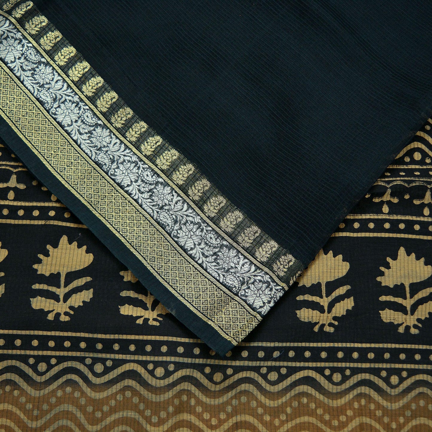 Indian Vintage Sari Black Pure chanderi Silk Block Printed Sarees Craft Fabric 5Yd Soft Zari Border Floral Dress making bollywood silk saree