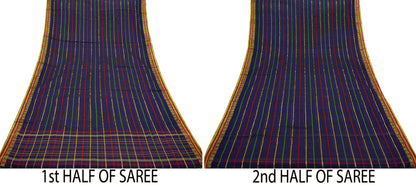 Indian Vintage Sari Blue Pure Cotton Hand Woven Sarees 5yd Craft Fabric Ethnic Soft Sewing Zari Dress making Quitting Crafting Upcycle
