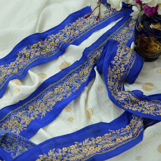 Indian Vintage Royal Blue Sari Border Hand Embroidered Indian Craft Trim Lace Sewing Saree Ribbon Pure Crepe Silk Zardozi/Dabka Zari