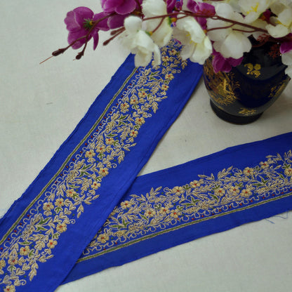 Indian Vintage Royal Blue Sari Border Hand Embroidered Indian Craft Trim Lace Sewing Saree Ribbon Pure Crepe Silk Zardozi/Dabka Zari