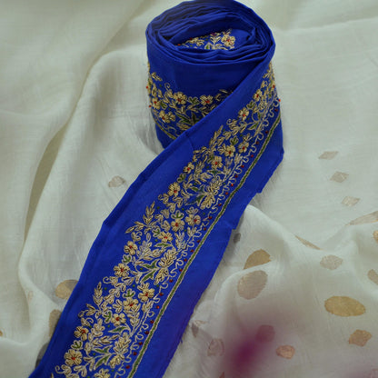 Indian Vintage Royal Blue Sari Border Hand Embroidered Indian Craft Trim Lace Sewing Saree Ribbon Pure Crepe Silk Zardozi/Dabka Zari