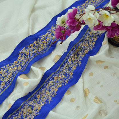 Indian Vintage Royal Blue Sari Border Hand Embroidered Indian Craft Trim Lace Sewing Saree Ribbon Pure Crepe Silk Zardozi/Dabka Zari