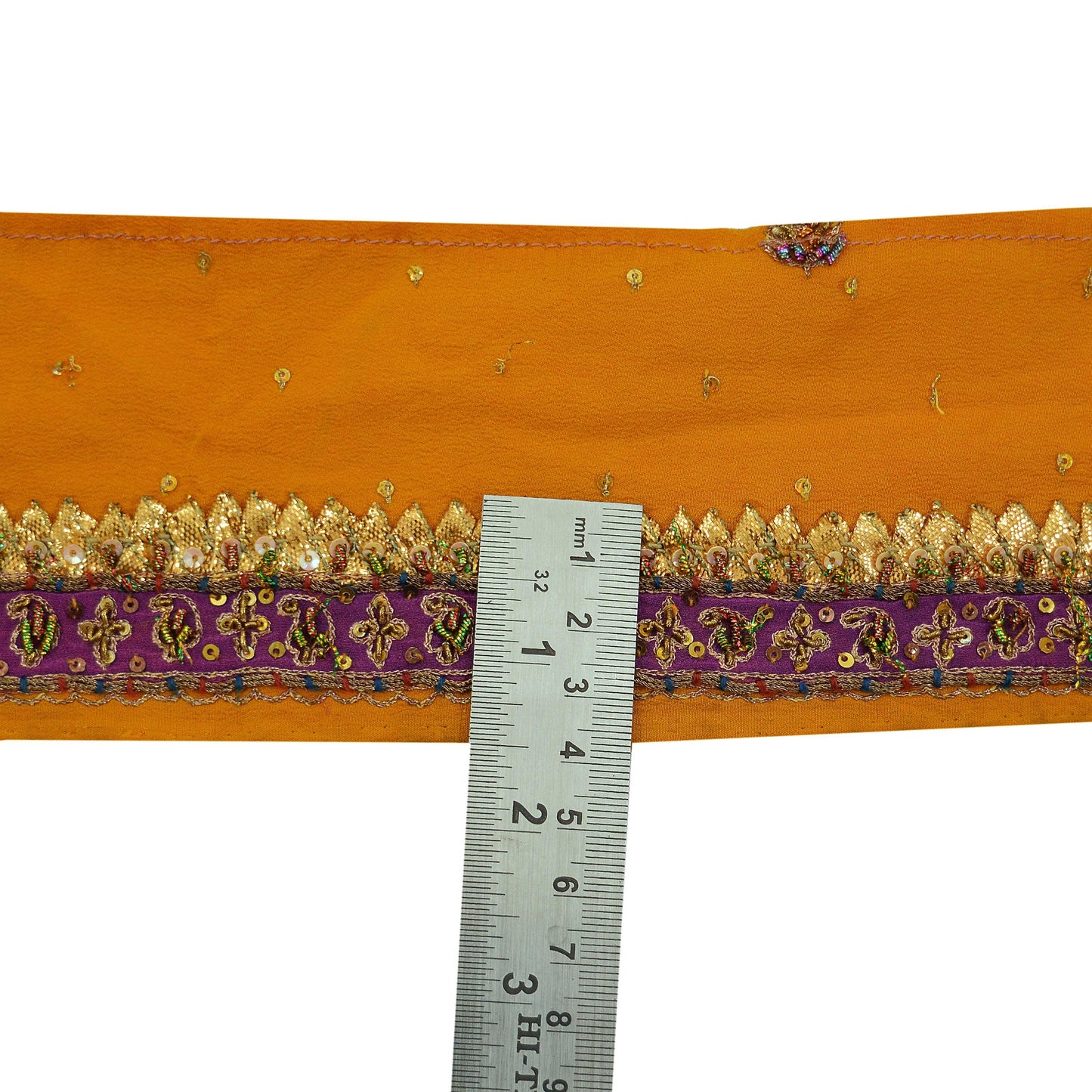 Indian Vintage Mustard Saree Border Hand Embroidered Gota Patti Indian Craft Trim Lace Sewing Sari Ribbon Pure Crepe silk  Zardozi/Dabka