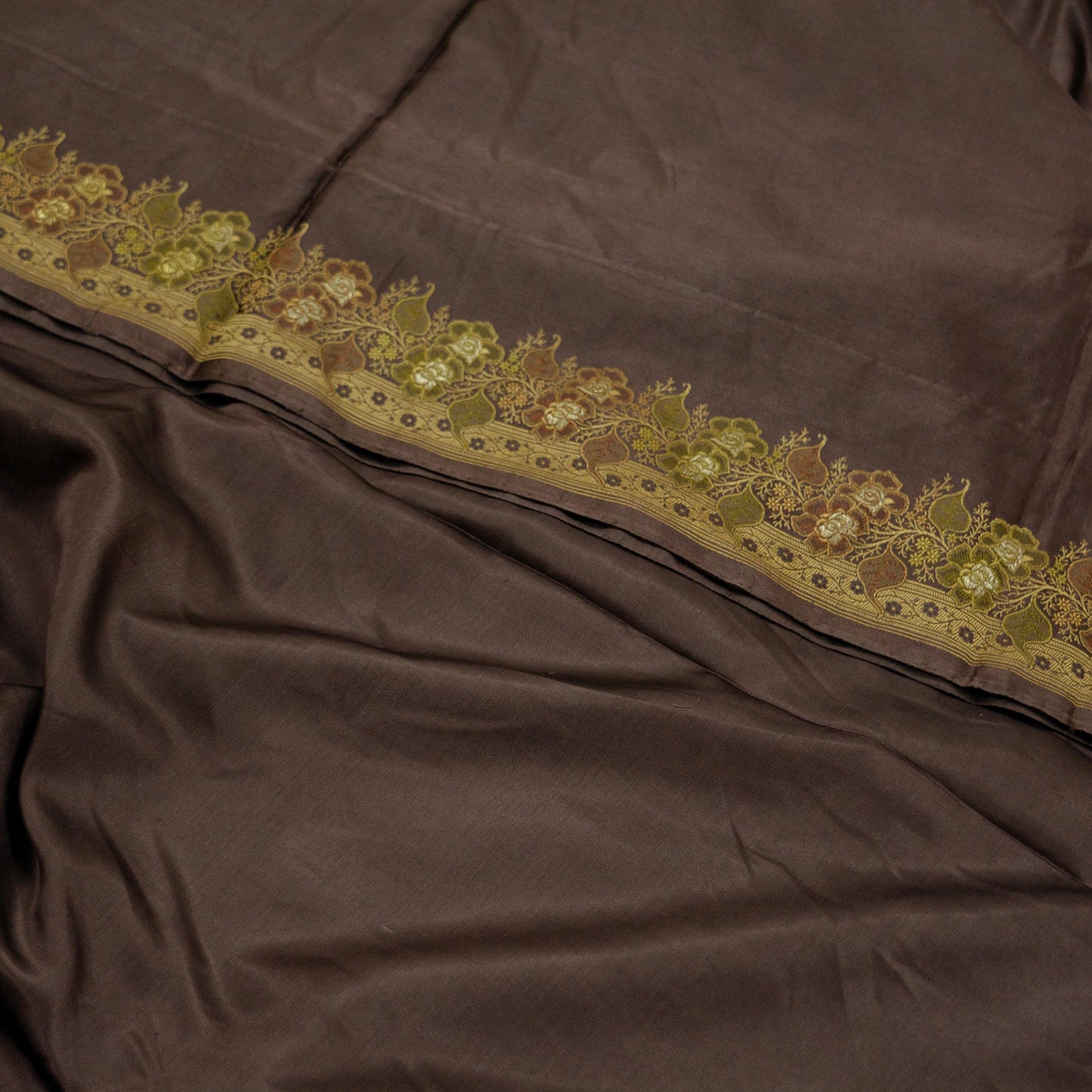 Indian Vintage Sari Brown Heavy Wedding Pure Satin Silk Woven Brocade Tanchoi Sarees Golden Zari 5Yd Dress Making Crafting Quilting