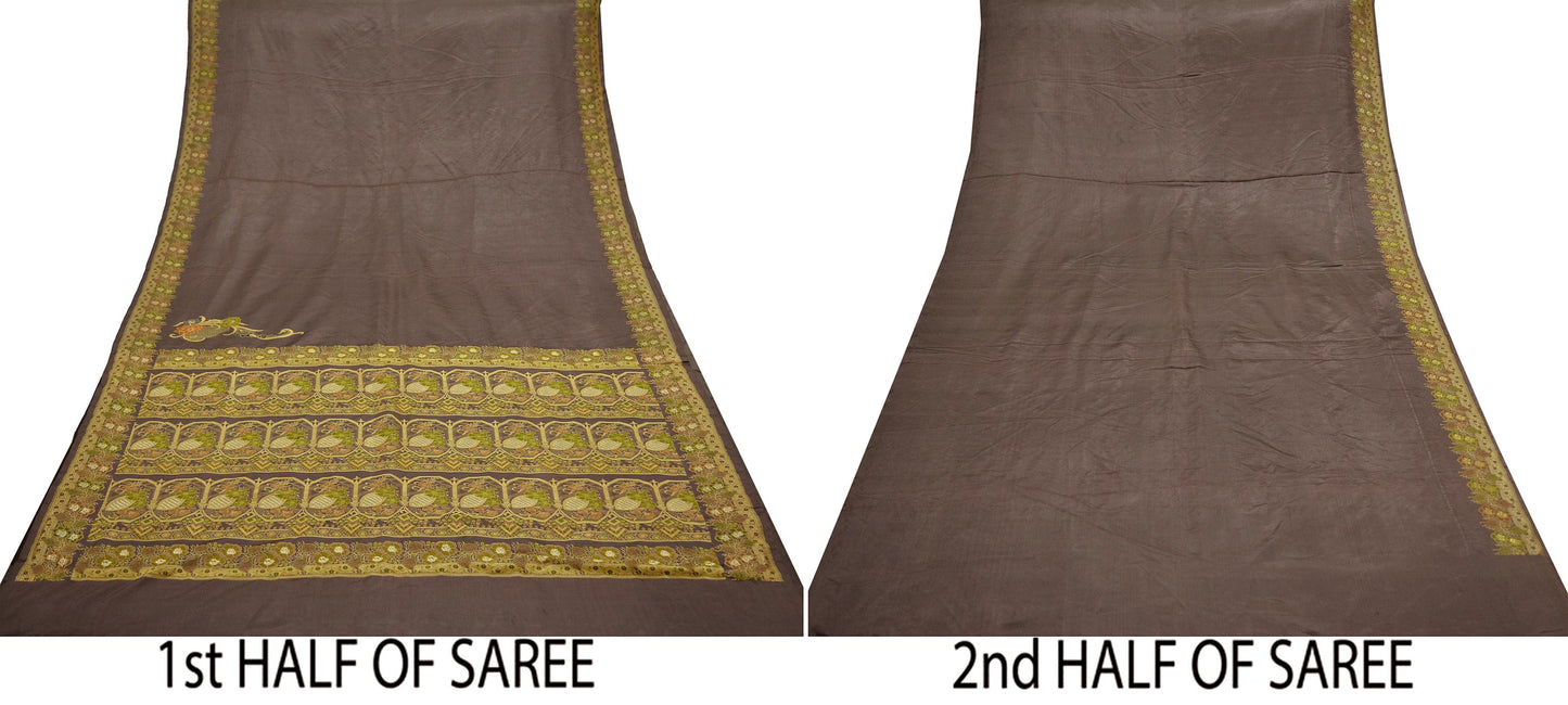 Indian Vintage Sari Brown Heavy Wedding Pure Satin Silk Woven Brocade Tanchoi Sarees Golden Zari 5Yd Dress Making Crafting Quilting