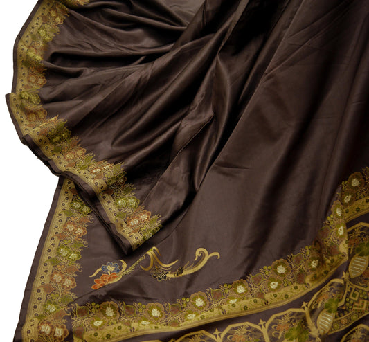 Indian Vintage Sari Brown Heavy Wedding Pure Satin Silk Woven Brocade Tanchoi Sarees Golden Zari 5Yd Dress Making Crafting Quilting