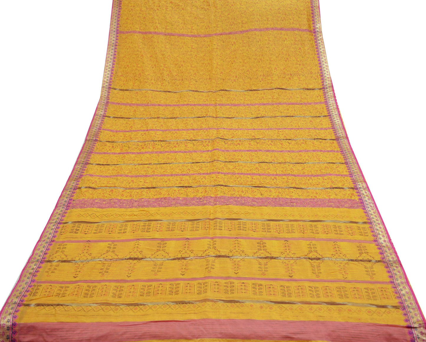 Indian Vintage Sari Yellow Mysore Silk Woven Painted Sarees Fabric 5Yd Ethnic Dress Making Crafting Upcycle Quilting Zari Border