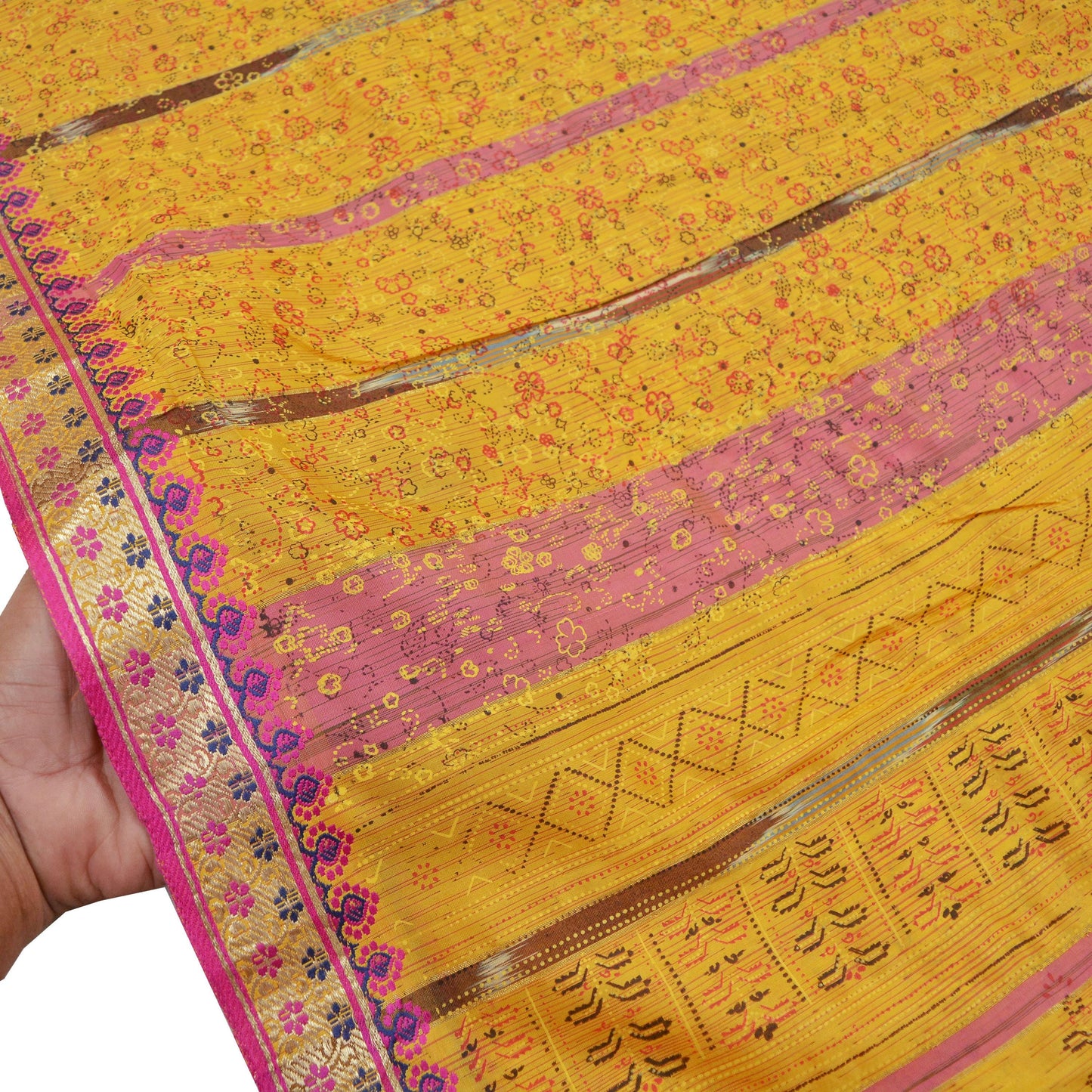 Indian Vintage Sari Yellow Mysore Silk Woven Painted Sarees Fabric 5Yd Ethnic Dress Making Crafting Upcycle Quilting Zari Border