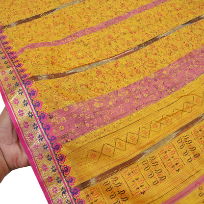 Indian Vintage Sari Yellow Mysore Silk Woven Painted Sarees Fabric 5Yd Ethnic Dress Making Crafting Upcycle Quilting Zari Border