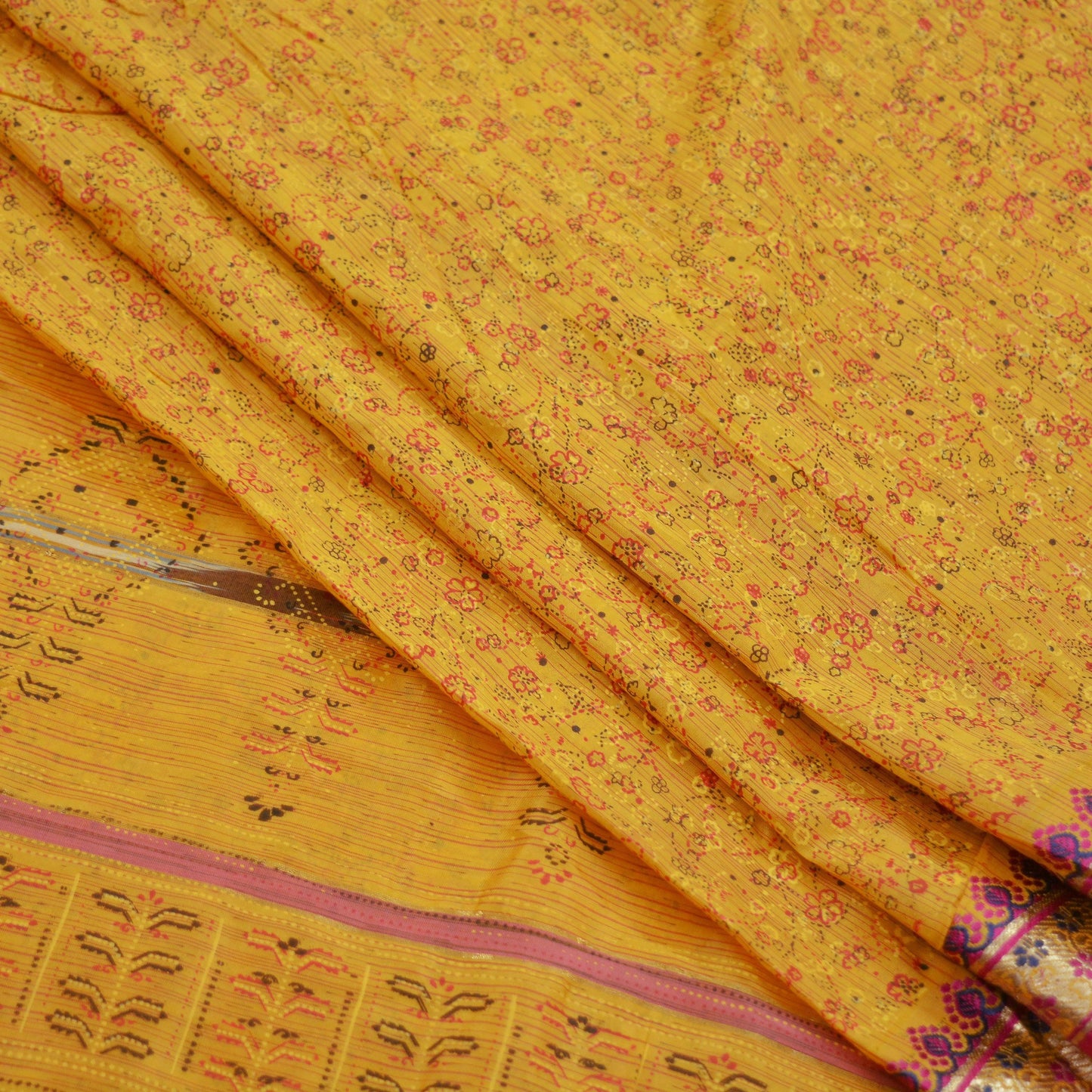 Indian Vintage Sari Yellow Mysore Silk Woven Painted Sarees Fabric 5Yd Ethnic Dress Making Crafting Upcycle Quilting Zari Border