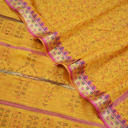 Indian Vintage Sari Yellow Mysore Silk Woven Painted Sarees Fabric 5Yd Ethnic Dress Making Crafting Upcycle Quilting Zari Border