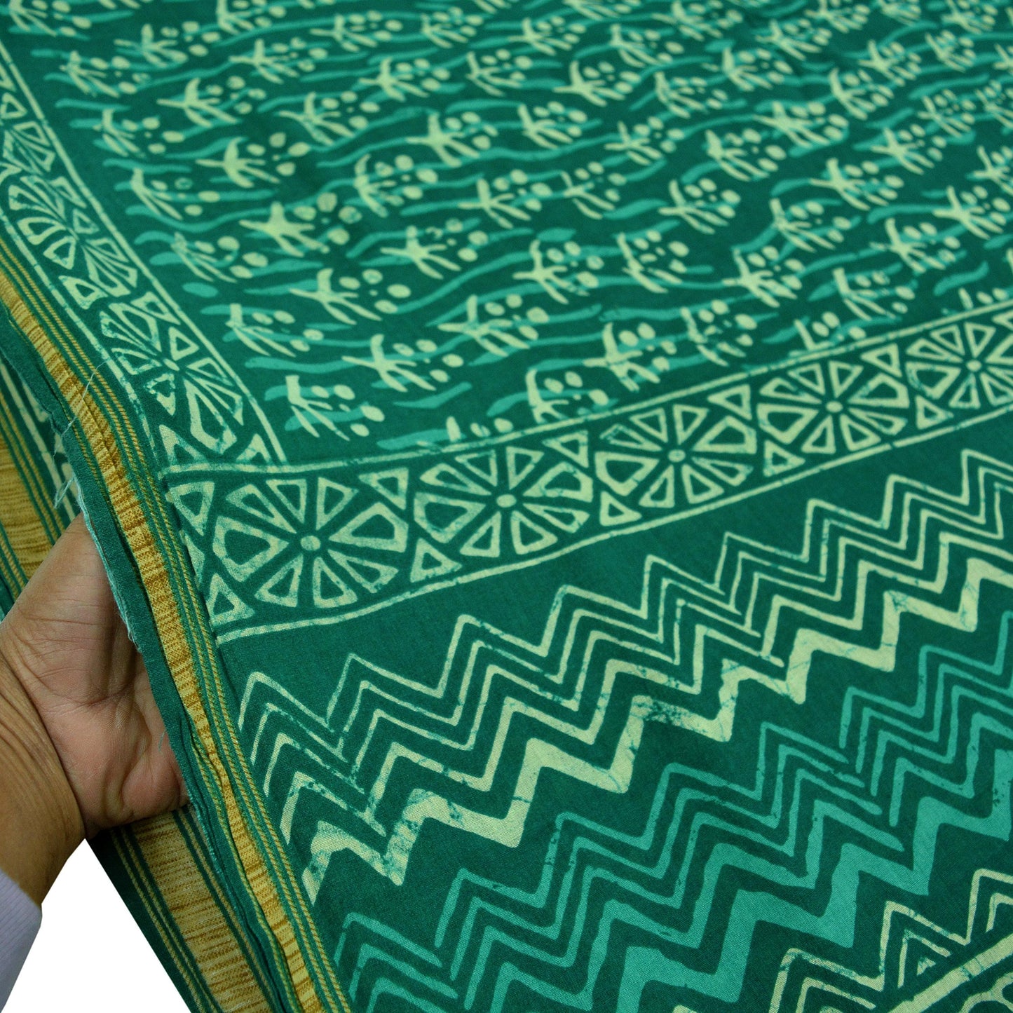 Indian Vintage Sari Green Pure Cotton Hand Bagru Printed Sarees 5Yd Craft Fabric Soft Sewing Sarong Dress Making Quilting Crafting