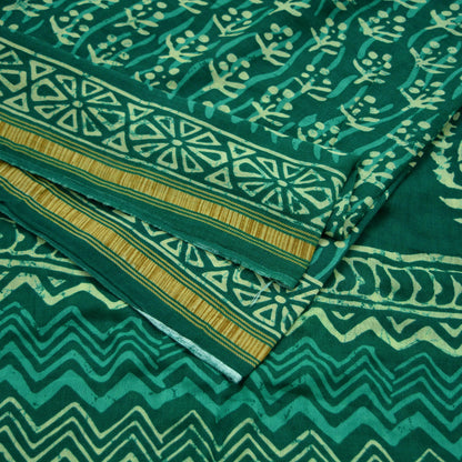 Indian Vintage Sari Green Pure Cotton Hand Bagru Printed Sarees 5Yd Craft Fabric Soft Sewing Sarong Dress Making Quilting Crafting