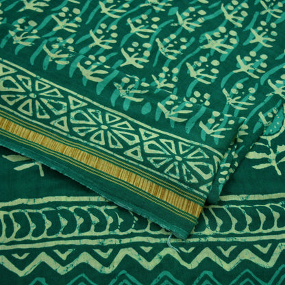 Indian Vintage Sari Green Pure Cotton Hand Bagru Printed Sarees 5Yd Craft Fabric Soft Sewing Sarong Dress Making Quilting Crafting