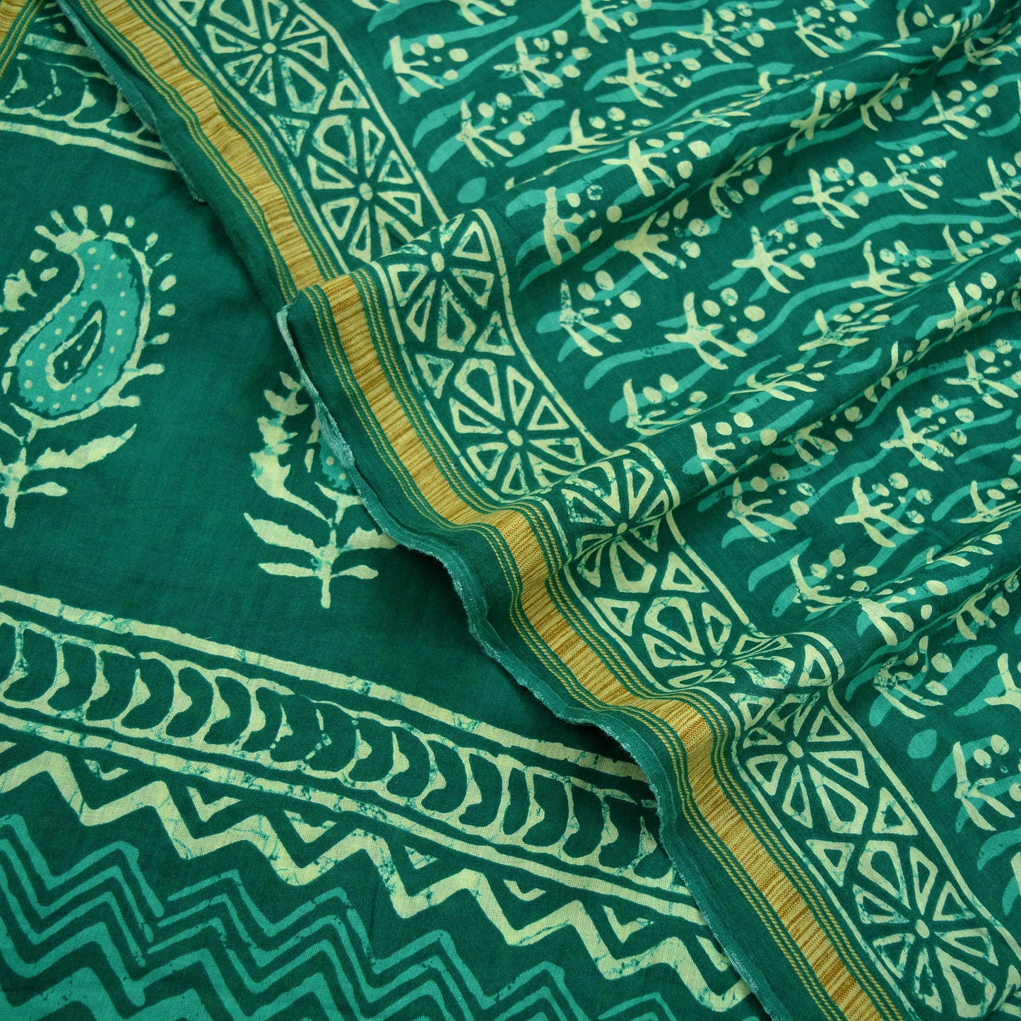 Indian Vintage Sari Green Pure Cotton Hand Bagru Printed Sarees 5Yd Craft Fabric Soft Sewing Sarong Dress Making Quilting Crafting