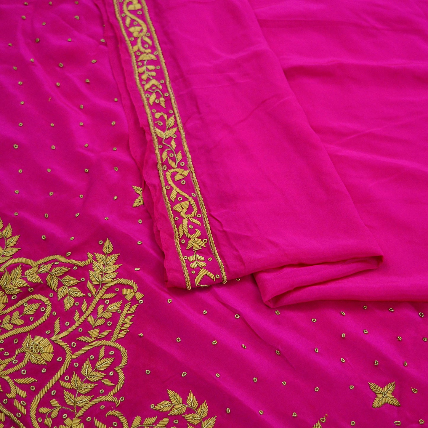 Indian Vintage Rani Pink Saree Pure Crepe Silk Hand Embroidered Sari Craft Fabric 5Yd Sewing Soft Zardozi/Dabka Dress making With Blouse Pcs