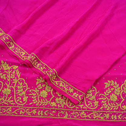 Indian Vintage Rani Pink Saree Pure Crepe Silk Hand Embroidered Sari Craft Fabric 5Yd Sewing Soft Zardozi/Dabka Dress making With Blouse Pcs