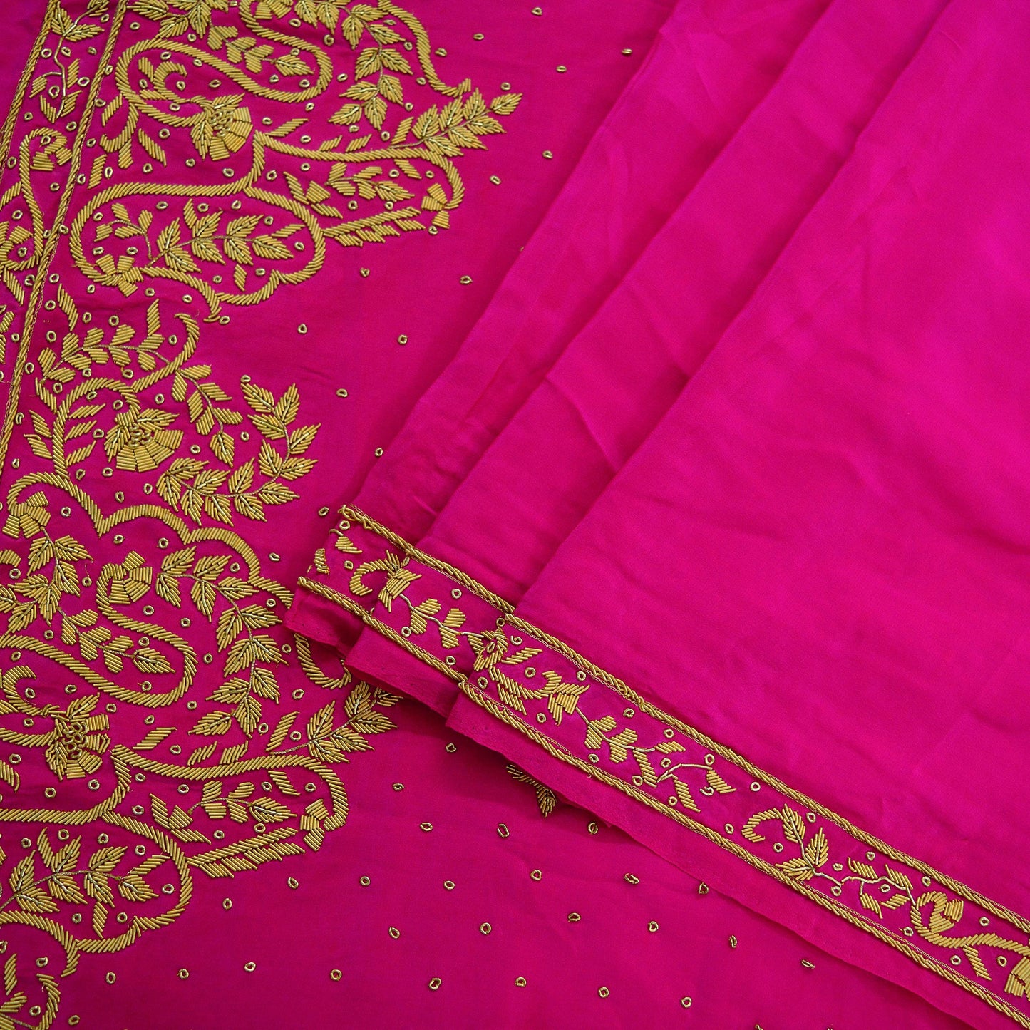 Indian Vintage Rani Pink Saree Pure Crepe Silk Hand Embroidered Sari Craft Fabric 5Yd Sewing Soft Zardozi/Dabka Dress making With Blouse Pcs