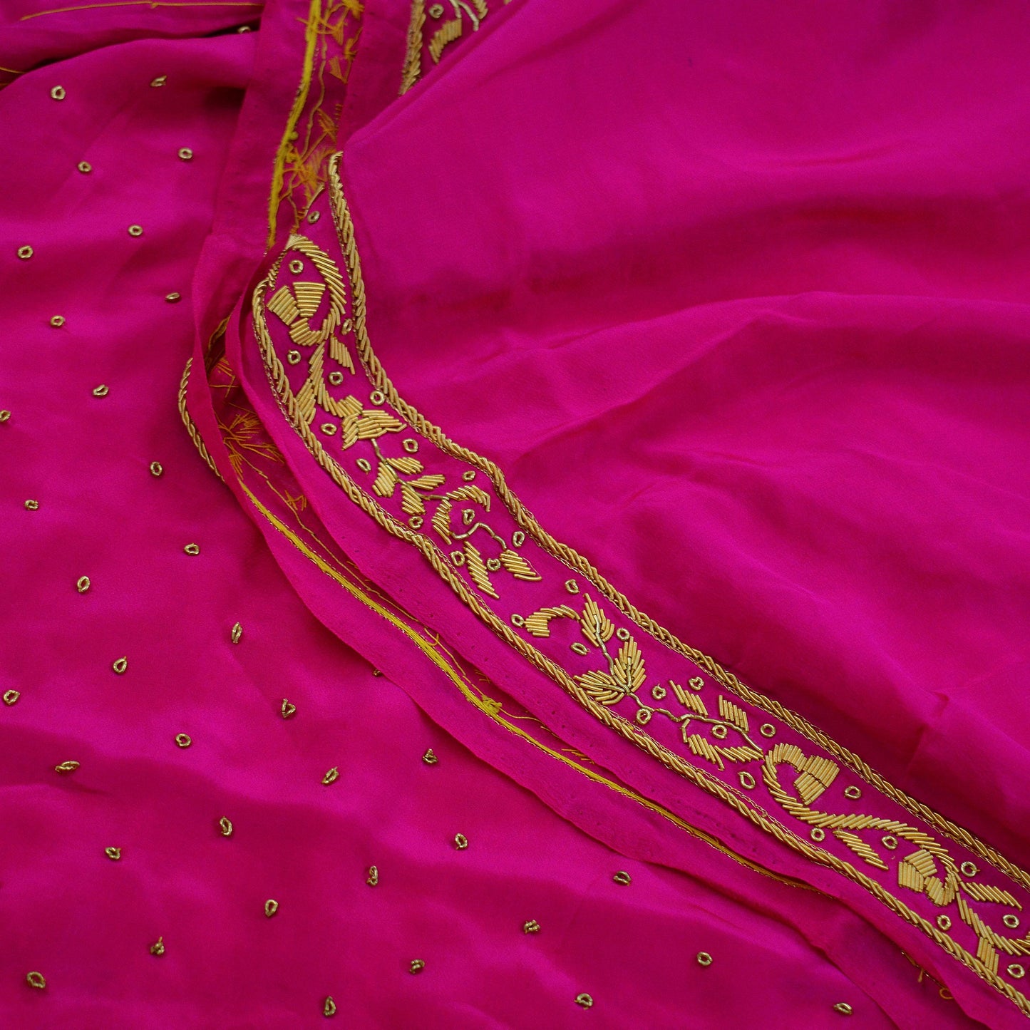 Indian Vintage Rani Pink Saree Pure Crepe Silk Hand Embroidered Sari Craft Fabric 5Yd Sewing Soft Zardozi/Dabka Dress making With Blouse Pcs