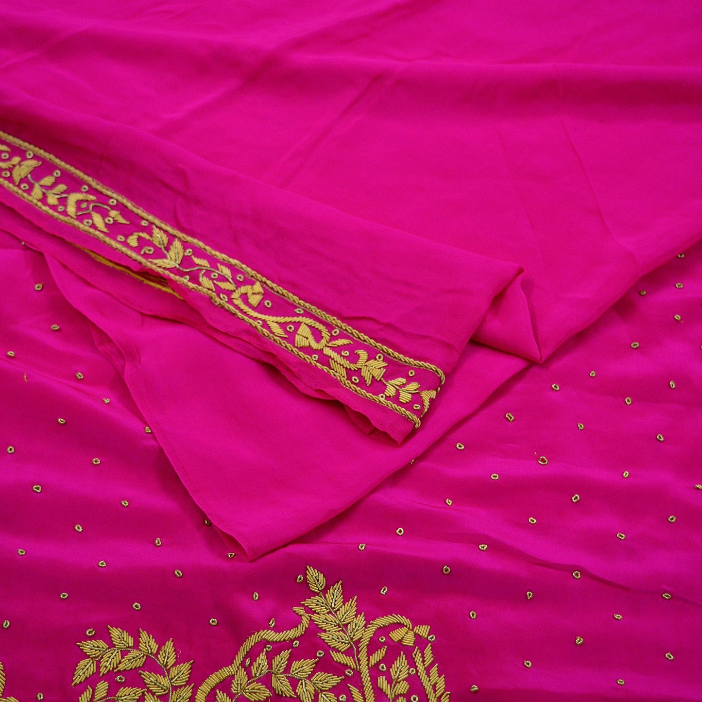 Indian Vintage Rani Pink Saree Pure Crepe Silk Hand Embroidered Sari Craft Fabric 5Yd Sewing Soft Zardozi/Dabka Dress making With Blouse Pcs