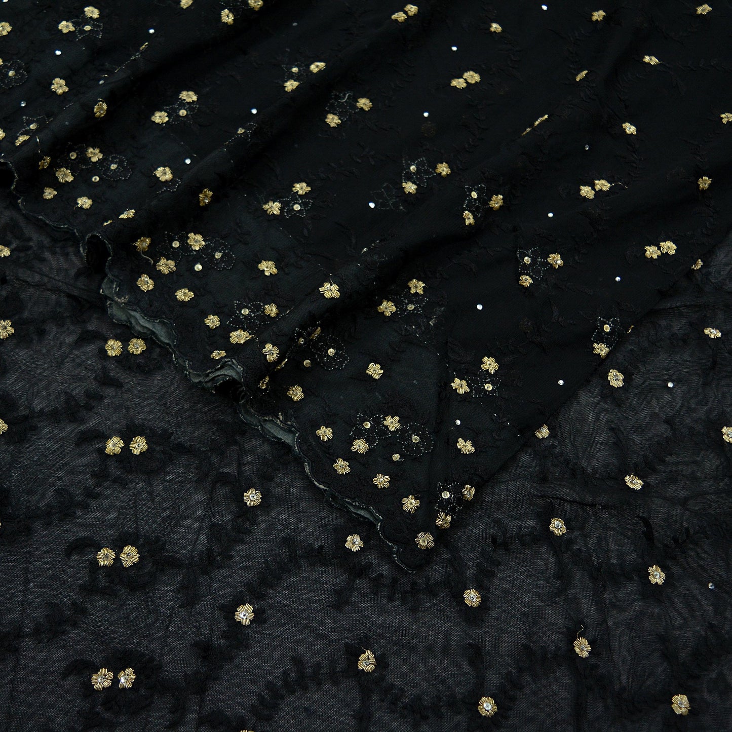 Indian Vintage Sari Black Net/Mesh Hand Embroidered Sarees Craft Fabric 5Yd Sewing Soft Sequins Zardozi/Dabka,Zari With Blouse