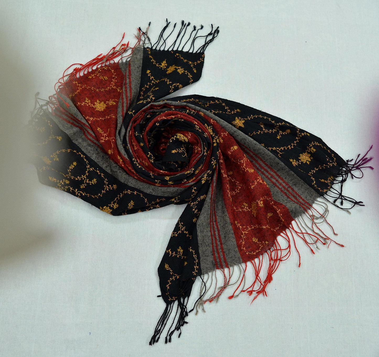 Vintage Red & Black Shawl Pure Woolen Handmade Suzani Long Throw Stole Warm Flora; Design Soft Fringes