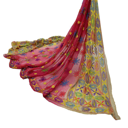 Indian Vintage Dupatta Beige & Red Long Stole Pure Chiffon Silk Hand Embroidered Kantha Veil Hijab