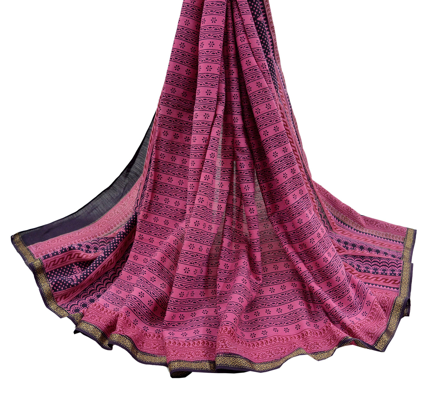 Indian Pink Vintage Dupatta Long Stole Block Print 100% Pure Cotton Scarf Veil Soft Paisley Floral Zari