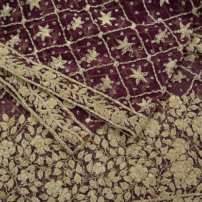 Indian Vintage Heavy Maroon Dupatta Net Mesh Long Stole Hand Embroidered Scarves Zardozi/ Dabka Zari Sequins Veil Bridal/ Wedding Hijab