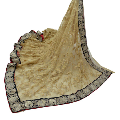 Indian Vintage Beige Wedding Saree Net/Mesh Embroidered Sari Fabric Floral 6Yd Lace Soft Dressmaking Zardozi Bridal Bollywood Saree