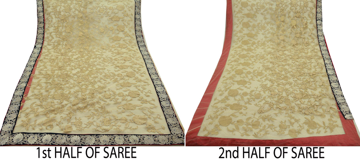 Indian Vintage Beige Wedding Saree Net/Mesh Embroidered Sari Fabric Floral 6Yd Lace Soft Dressmaking Zardozi Bridal Bollywood Saree