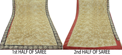 Indian Vintage Beige Wedding Saree Net/Mesh Embroidered Sari Fabric Floral 6Yd Lace Soft Dressmaking Zardozi Bridal Bollywood Saree