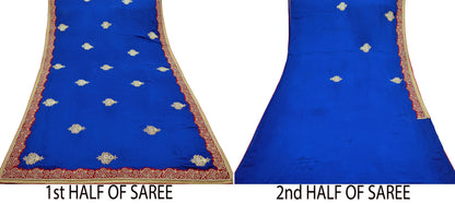 Indian Vintage Heavy Saree Royal Blue Self Woven Pure Silk Sari Fabric 5Yd Craft Fabric Ethnic Zari Border Wedding sarees Dress making