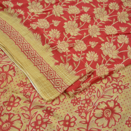 Indian Vintage Red & Beige Saree Printed 100% Pure Cotton Sari Craft Fabric 5Yd Soft Sewing Sarong Wrap Dress Making Quilting Crafting