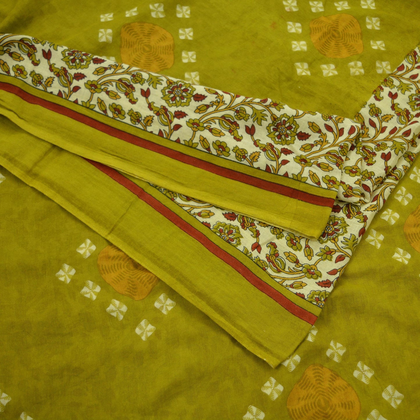 Indian Vintage Sari Green & Ivory Printed Pure Cotton Sarees 5Yd Craft Fabric Soft Sewing Sarong Wrap Boho Upcycle quilting Dress making