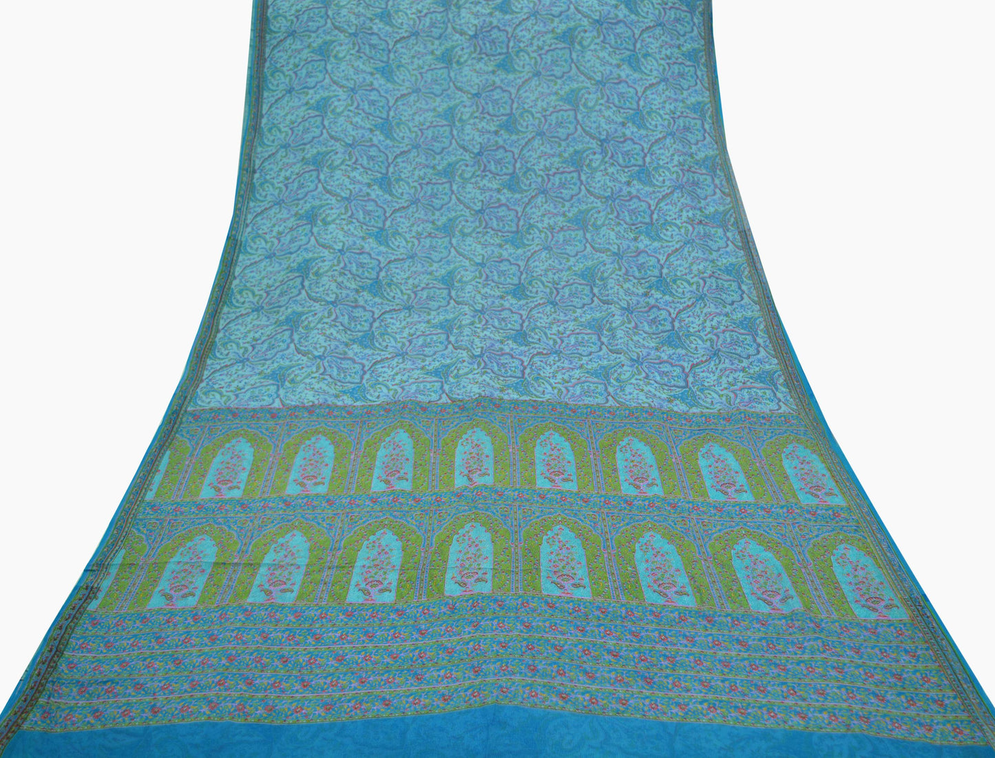Women Vintage Blue Saree Pure Chiffon Silk Printed Sari Craft Fabric Sewing 5Yd Soft Dress Making Floral Quilting Crafting Upcycle