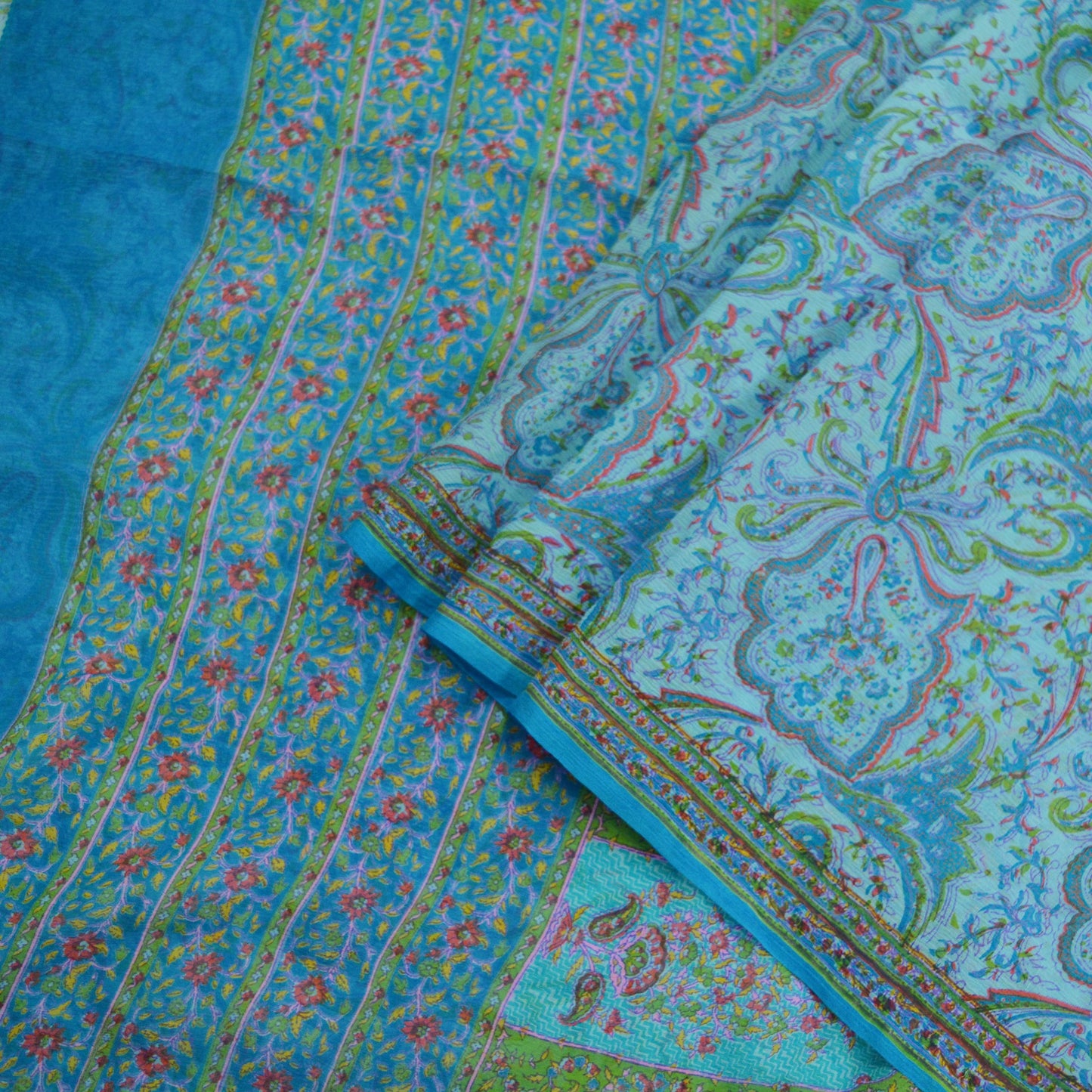 Women Vintage Blue Saree Pure Chiffon Silk Printed Sari Craft Fabric Sewing 5Yd Soft Dress Making Floral Quilting Crafting Upcycle