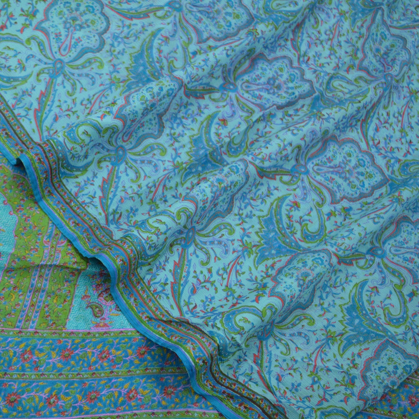 Women Vintage Blue Saree Pure Chiffon Silk Printed Sari Craft Fabric Sewing 5Yd Soft Dress Making Floral Quilting Crafting Upcycle