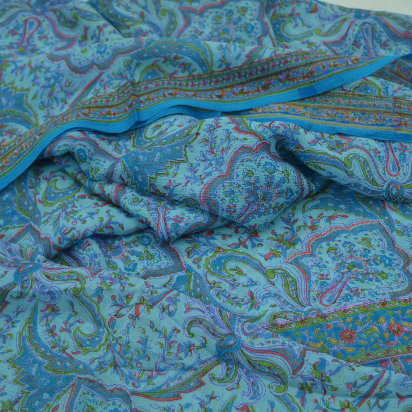 Women Vintage Blue Saree Pure Chiffon Silk Printed Sari Craft Fabric Sewing 5Yd Soft Dress Making Floral Quilting Crafting Upcycle
