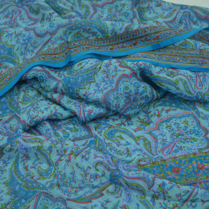 Women Vintage Blue Saree Pure Chiffon Silk Printed Sari Craft Fabric Sewing 5Yd Soft Dress Making Floral Quilting Crafting Upcycle