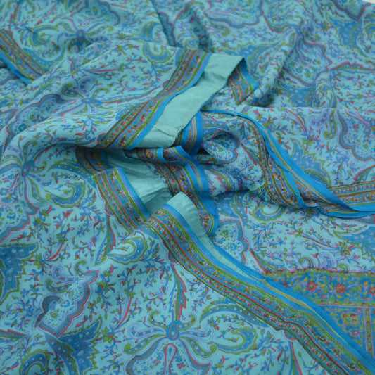 Women Vintage Blue Saree Pure Chiffon Silk Printed Sari Craft Fabric Sewing 5Yd Soft Dress Making Floral Quilting Crafting Upcycle