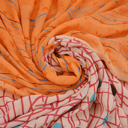 Indian Vintage Sari Orange & Peach Pure Georgette Silk Printed Sarees 5Yd Craft Fabric Sewing Quilting