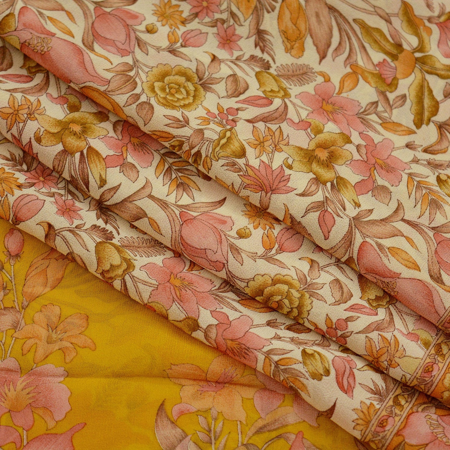 Women Vintage Sari Ivory & Mustard 100% Pure Georgette Silk Printed Saree Craft Fabric Sewing 5Yd Soft Sari Dress Making Crafting Quilting