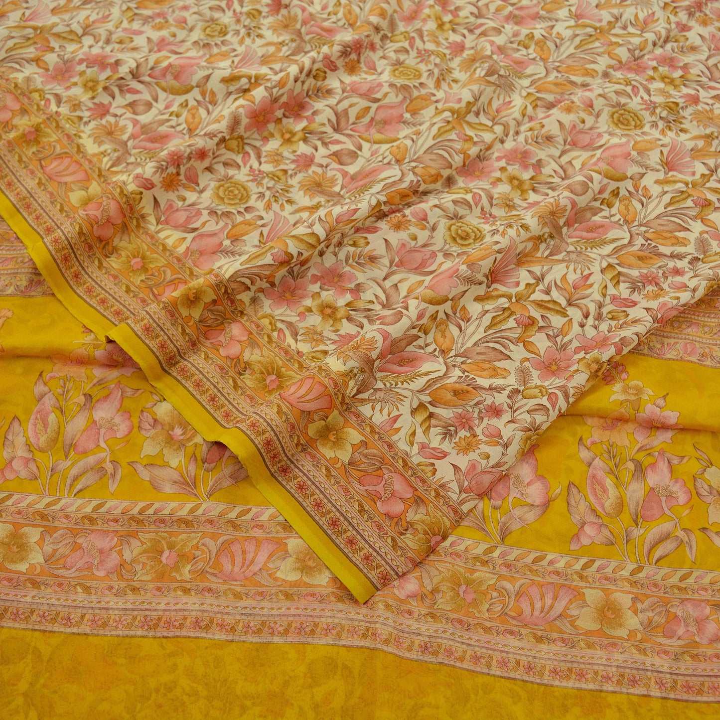 Women Vintage Sari Ivory & Mustard 100% Pure Georgette Silk Printed Saree Craft Fabric Sewing 5Yd Soft Sari Dress Making Crafting Quilting