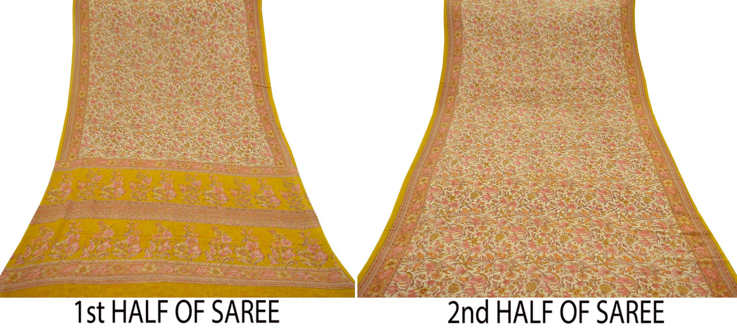 Women Vintage Sari Ivory & Mustard 100% Pure Georgette Silk Printed Saree Craft Fabric Sewing 5Yd Soft Sari Dress Making Crafting Quilting