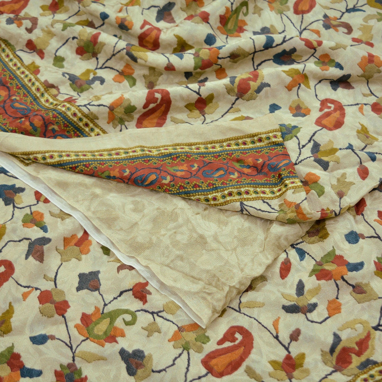 Indian Vintage Sari Beige Pure Crepe Silk Printed Sarees 5yd Sewing Floral Soft Craft Fabric Wrap Dress making Upcycle Crafting Quilting