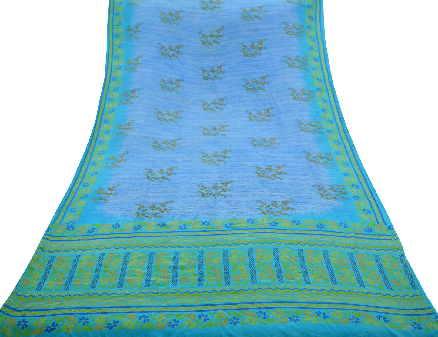 Indian Vintage Blue Saree Pure Crepe Silk Printed Sari 5yd Sewing Floral Soft Craft Fabric Wrap Dress making Crafting Quilting Upcycle